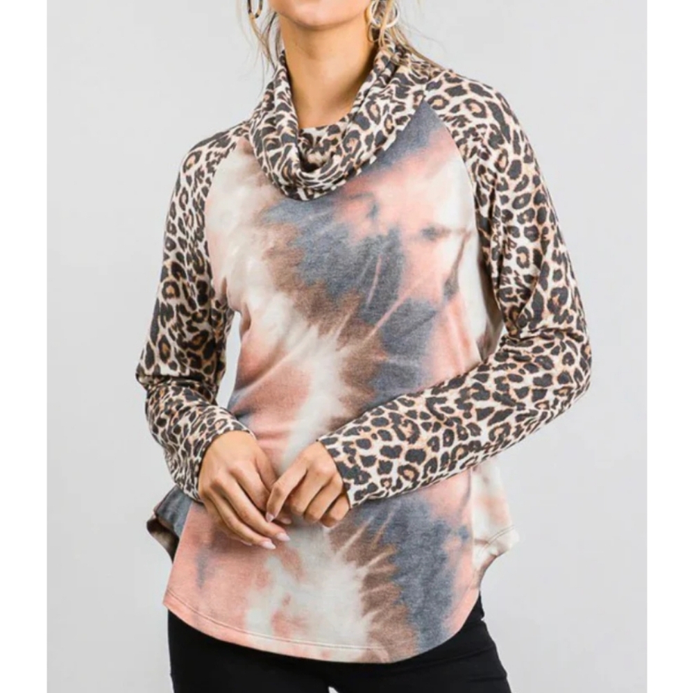 Animal Print Tye Dye Shirt New Cowl Neck Long Sleeve Shirt Size Small